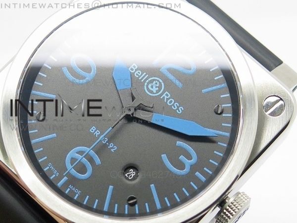 BR 03-92 SS Case Black Dial Blue Numbers 42.5mm on Rubber Strap MIYOTA 9015