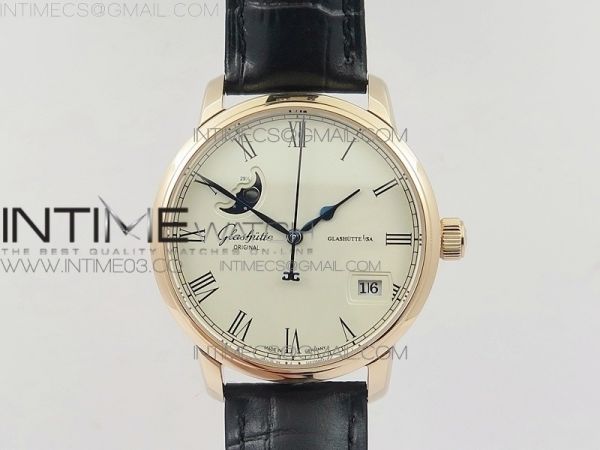 Excellence Panorama 40mm Date Moon Phase RG ETC Marker 1:1 Best Edition White Dial on Black Leather Strap A100