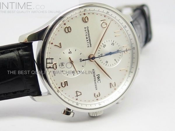 Portuguese 40mm Chrono SS White Dial Gold Number on Leather Strap A7750