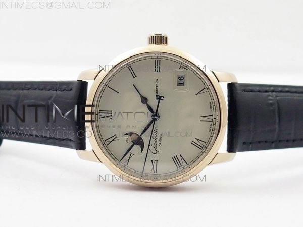 Excellence Panorama 40mm Date Moon Phase RG ETC Marker 1:1 Best Edition White Dial on Black Leather Strap A100