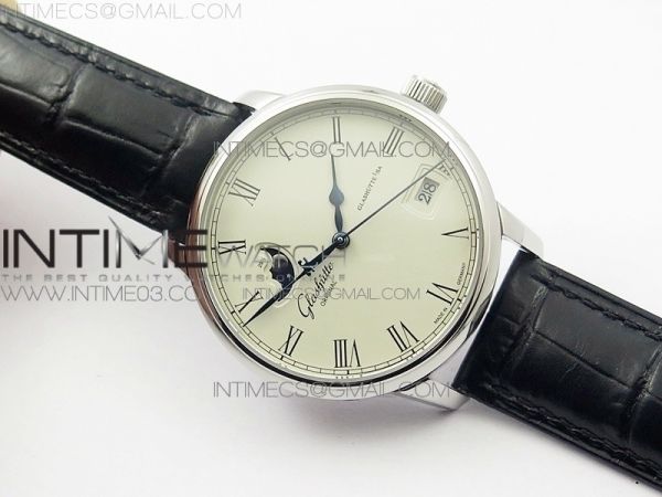 Excellence Panorama 40mm Date Moon Phase SS ETC Marker 1:1 Best Edition White Dial on Black Leather Strap A100