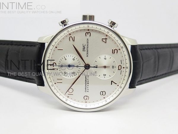 Portuguese 40mm Chrono SS White Dial Gold Number on Leather Strap A7750