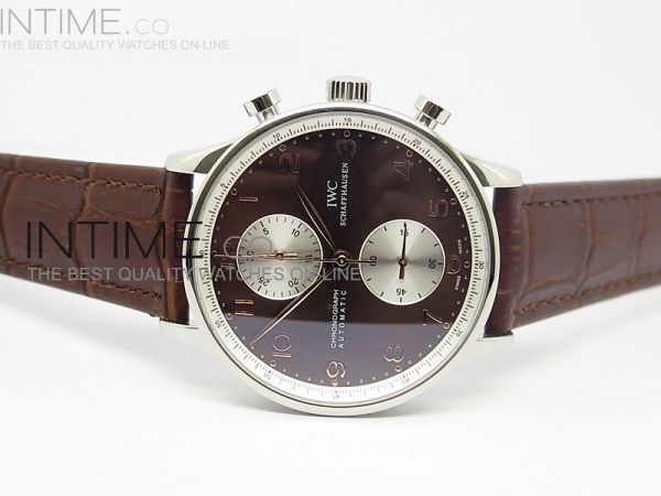 Portuguese 40mm Chrono SS Brown Dial Sliver subdial on Leather Strap A7750