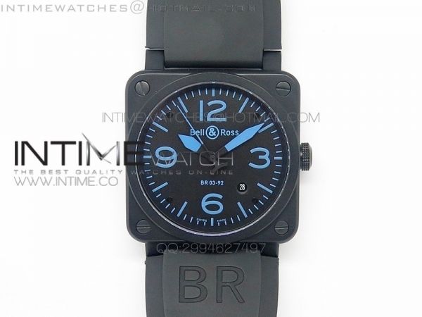 BR 03-92 PVD Case Black Dial Blue Numbers 42.5mm on Rubber Strap MIYOTA 9015