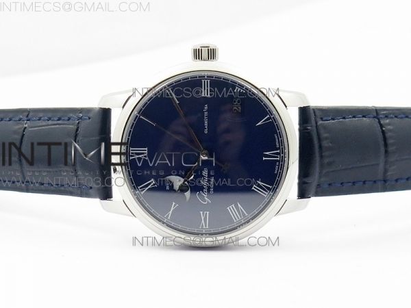 Excellence Panorama 40mm Date Moon Phase SS ETC Marker 1:1 Best Edition Blue Dial on Blue Leather Strap A100