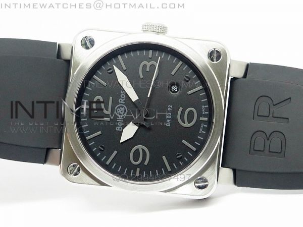 BR 03-92 SS Case Black Dial Gray Numbers 42.5mm on Rubber Strap MIYOTA 9015