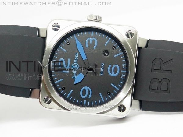 BR 03-92 SS Case Black Dial Blue Numbers 42.5mm on Rubber Strap MIYOTA 9015